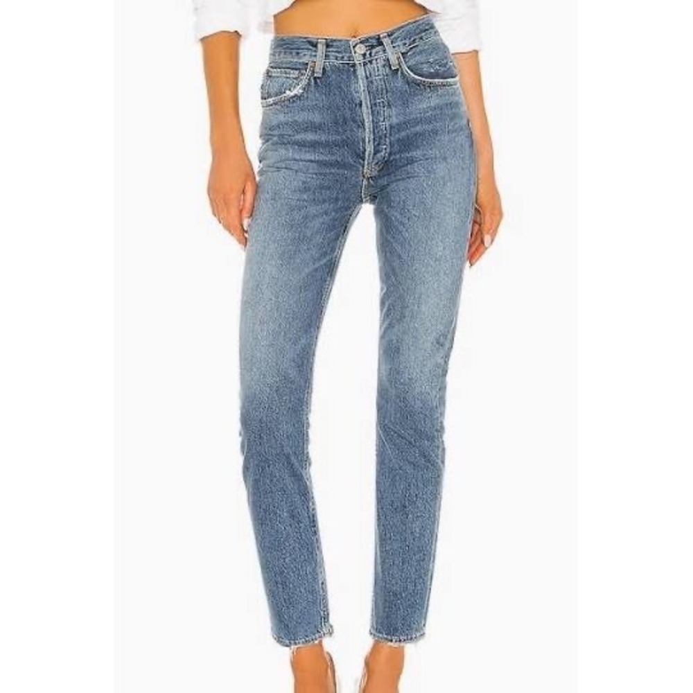 AGOLDE Riley Crop High Rise Straight Leg Jean Med Wash Blue Denim Distressed Hem